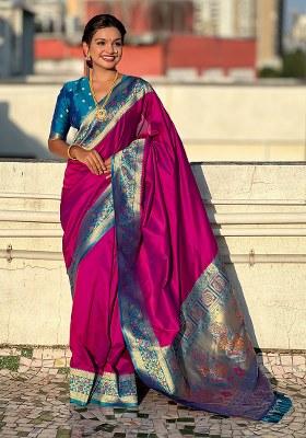 Magenta Woven Silk Blend Saree Set