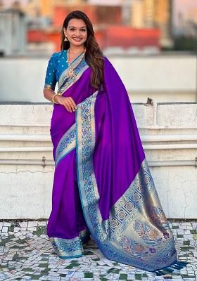 Lavender Woven Silk Blend Saree Set