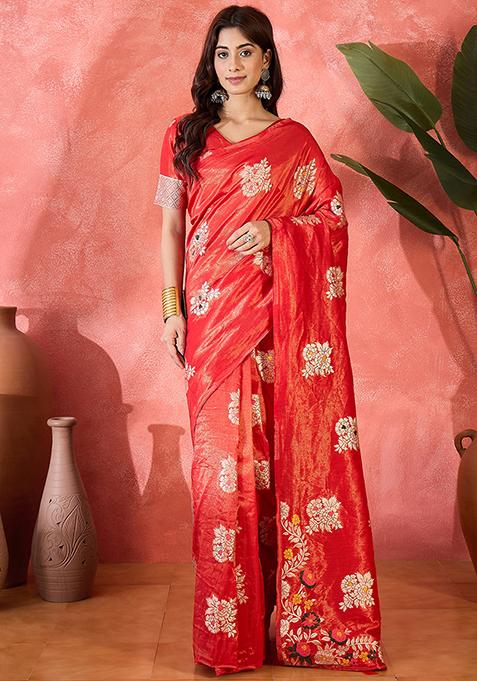 Red Woven Art Silk Saree Set