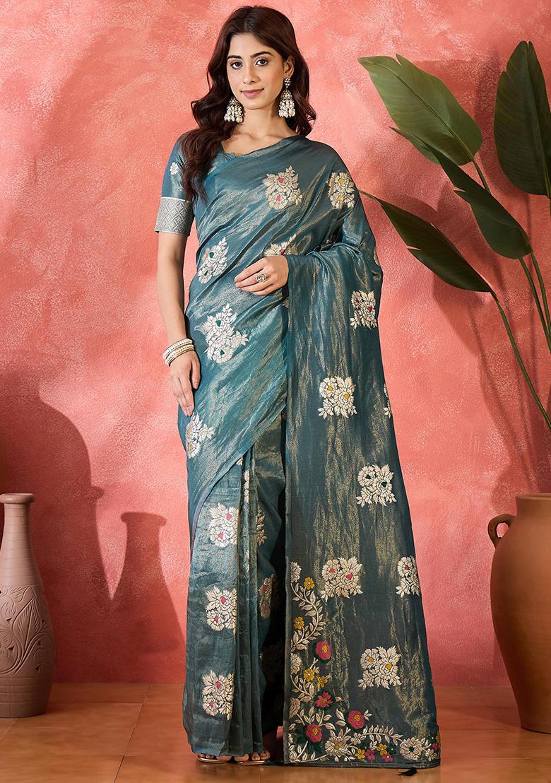 Blue Woven Art Silk Saree Set
