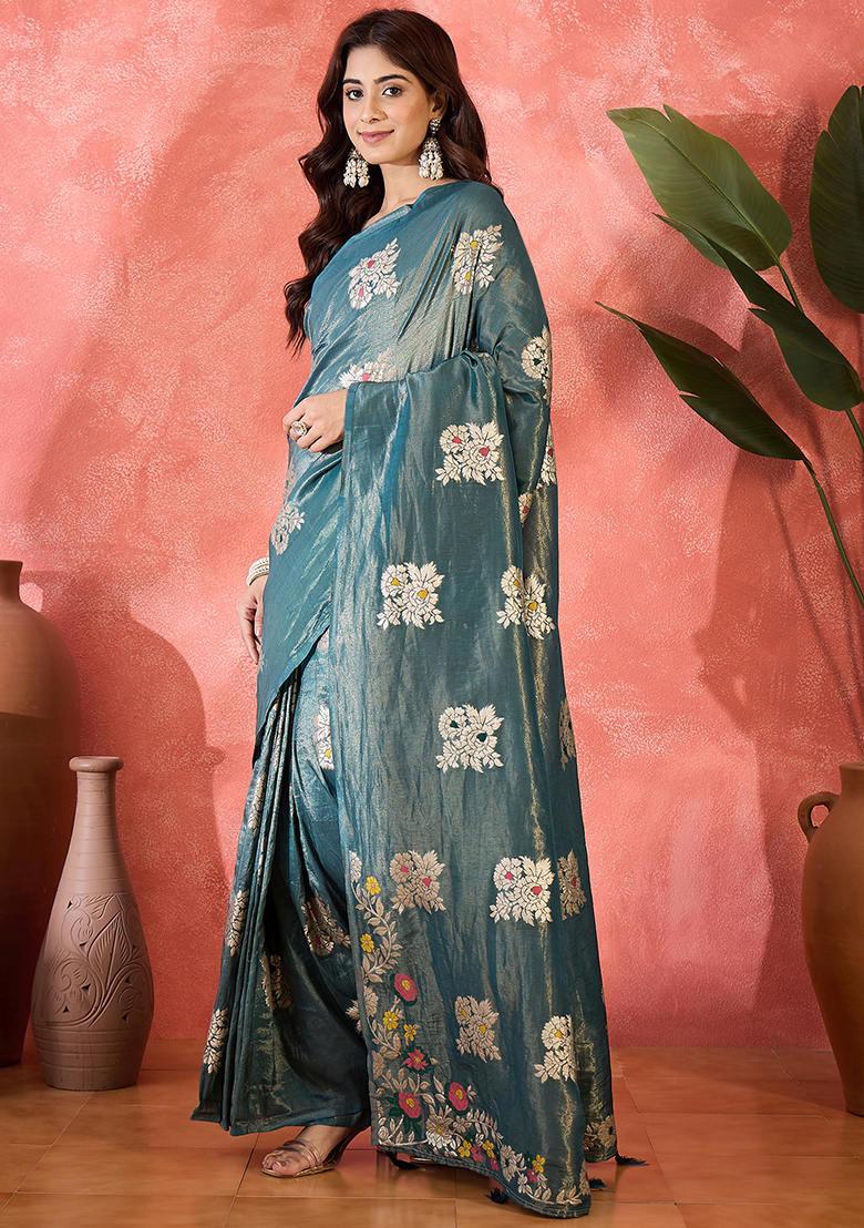 Blue Woven Art Silk Saree Set - Indya