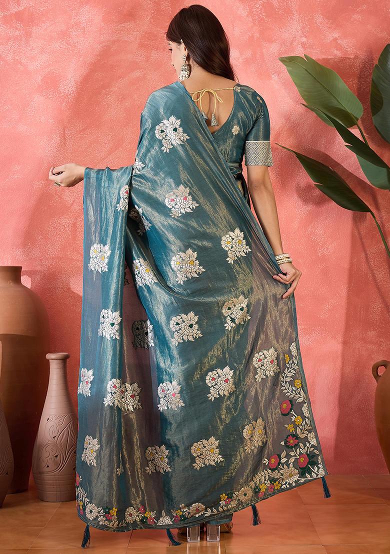 Blue Woven Art Silk Saree Set