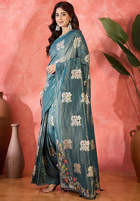 Blue Woven Art Silk Saree Set
