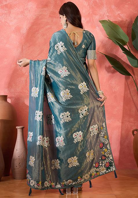 Blue Woven Art Silk Saree Set