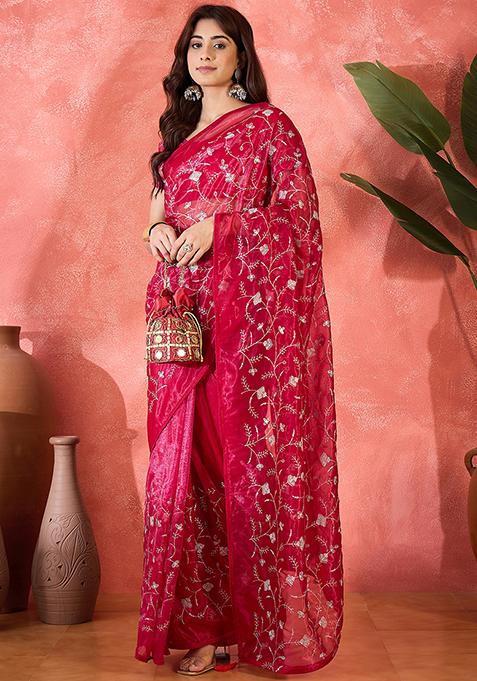 Red Embroidered Net Saree Set