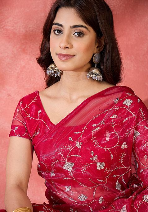 Red Embroidered Net Saree Set
