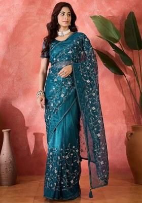 Teal Blue Embroidered Net Saree Set