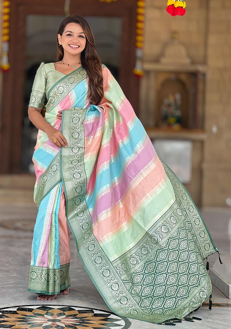 Green Woven Silk Blend Saree Set