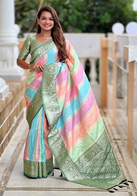 Green Woven Silk Blend Saree Set