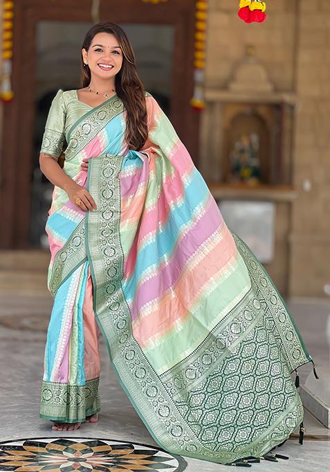 Green Woven Silk Blend Saree Set