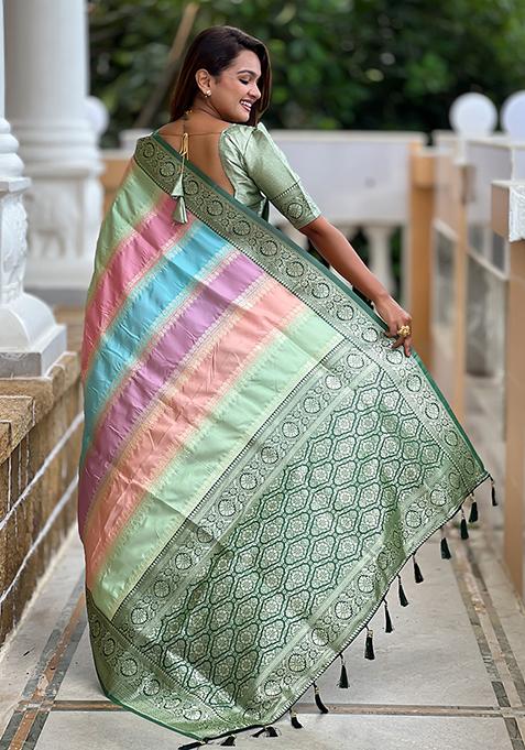 Green Woven Silk Blend Saree Set