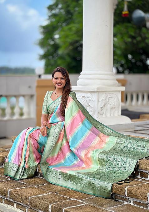 Green Woven Silk Blend Saree Set