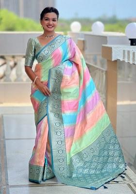 Teal Blue Woven Silk Blend Saree Set