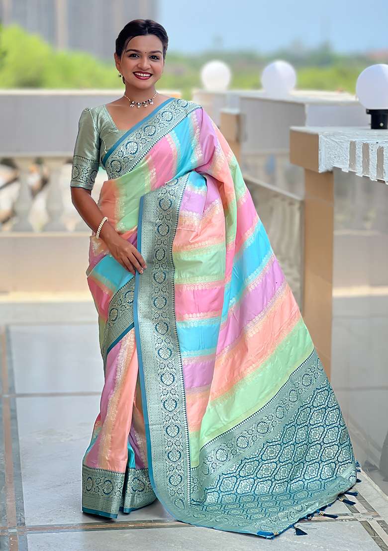Teal Blue Woven Silk Blend Saree Set for Diwali | Wedding & Festive Wear - Indya