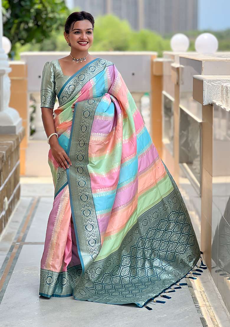 Teal Blue Woven Silk Blend Saree Set for Diwali | Wedding & Festive Wear - Indya