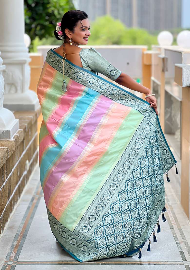 Teal Blue Woven Silk Blend Saree Set for Diwali | Wedding & Festive Wear - Indya
