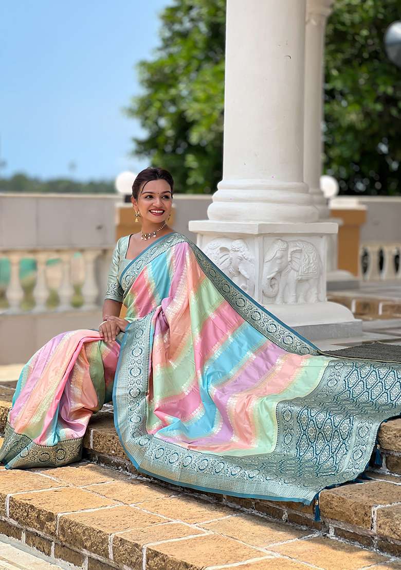 Teal Blue Woven Silk Blend Saree Set for Diwali | Wedding & Festive Wear - Indya