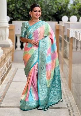 Green Woven Silk Blend Saree Set