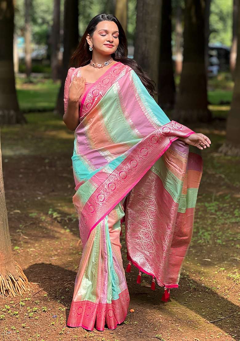 Pink Woven Silk Blend Saree Set for Diwali and Festive Wear - Indya