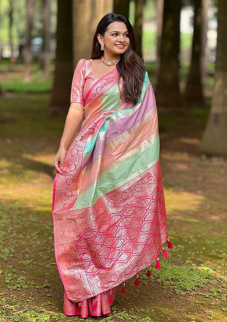 Pink Woven Silk Blend Saree Set for Diwali and Festive Wear - Indya