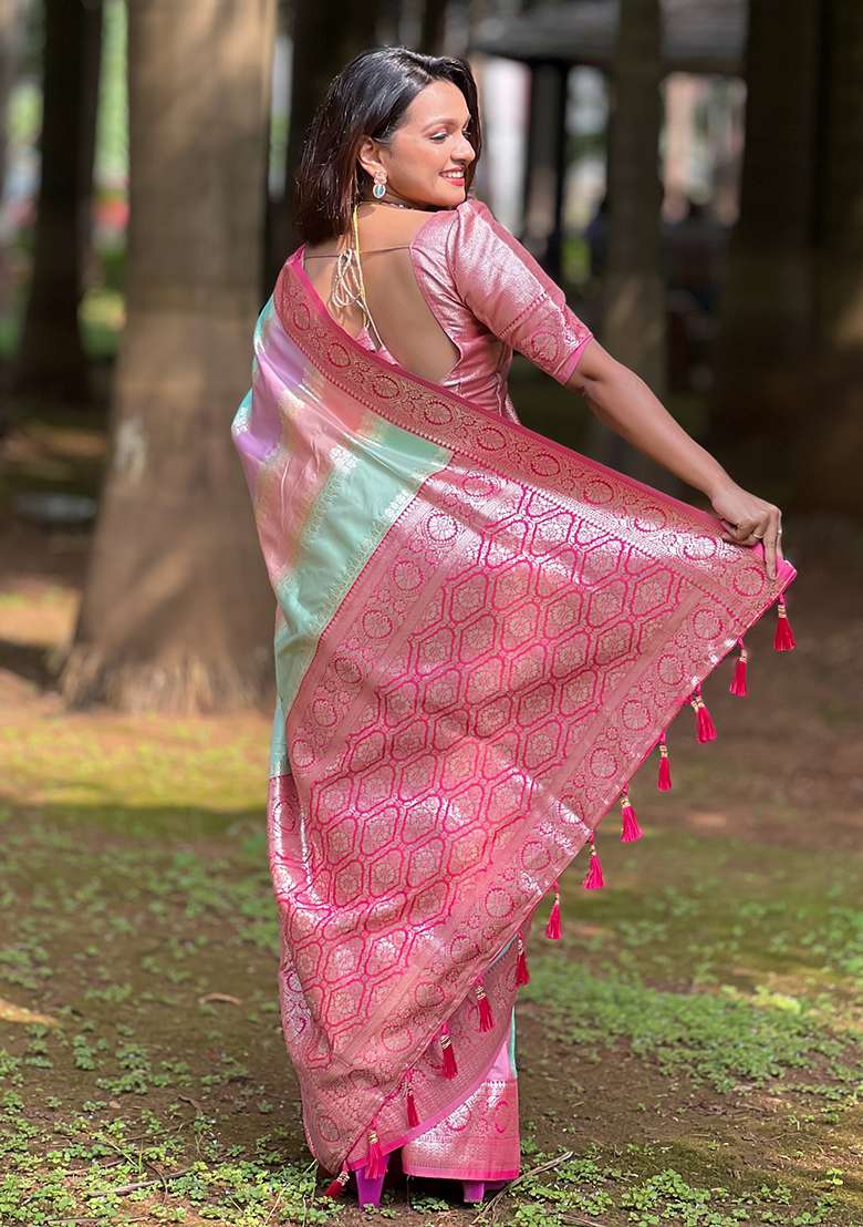 Pink Woven Silk Blend Saree Set for Diwali and Festive Wear - Indya