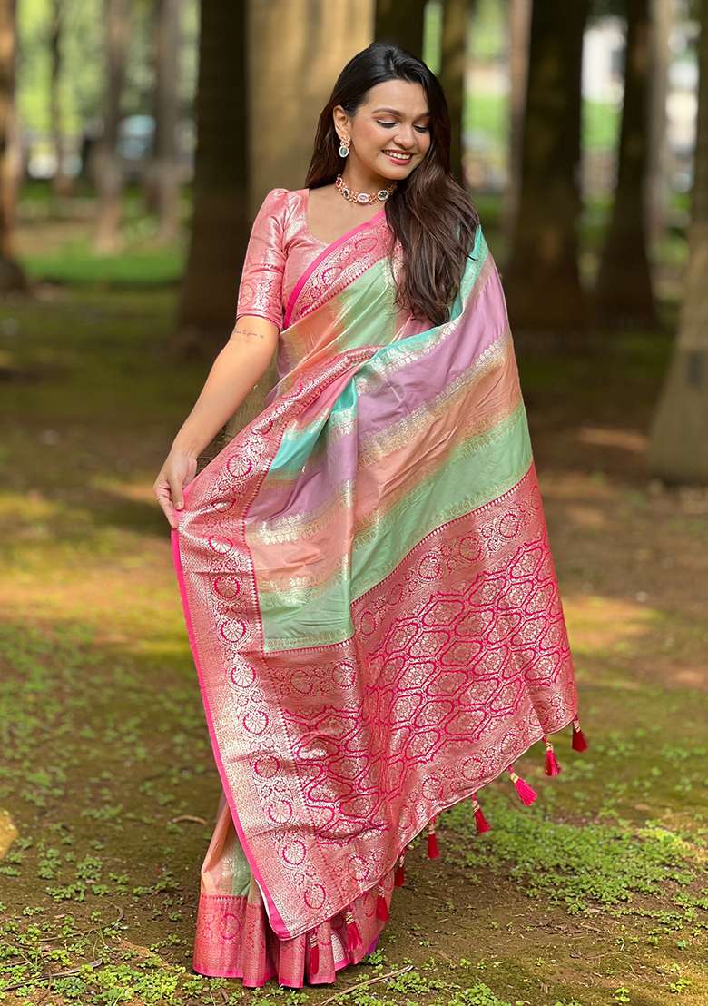 Pink Woven Silk Blend Saree Set for Diwali and Festive Wear - Indya