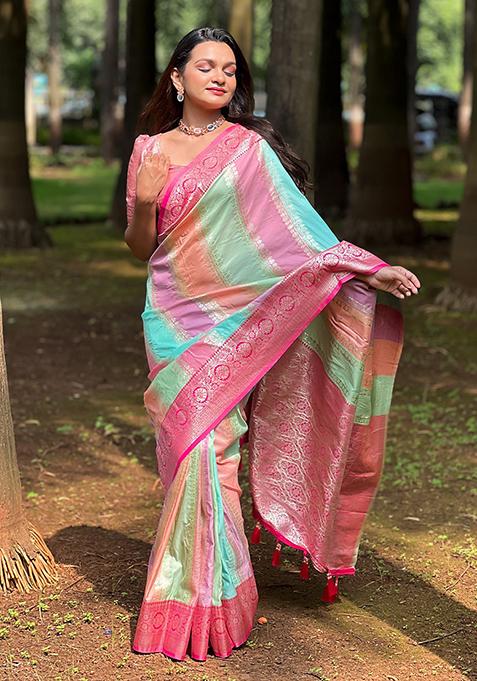 Pink Woven Silk Blend Saree Set