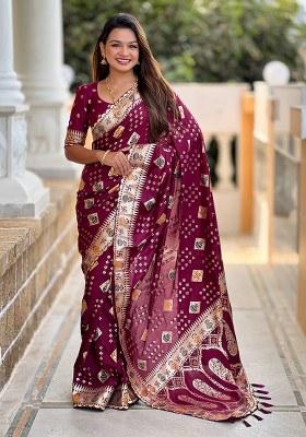 Maroon Woven Silk Blend Saree Set