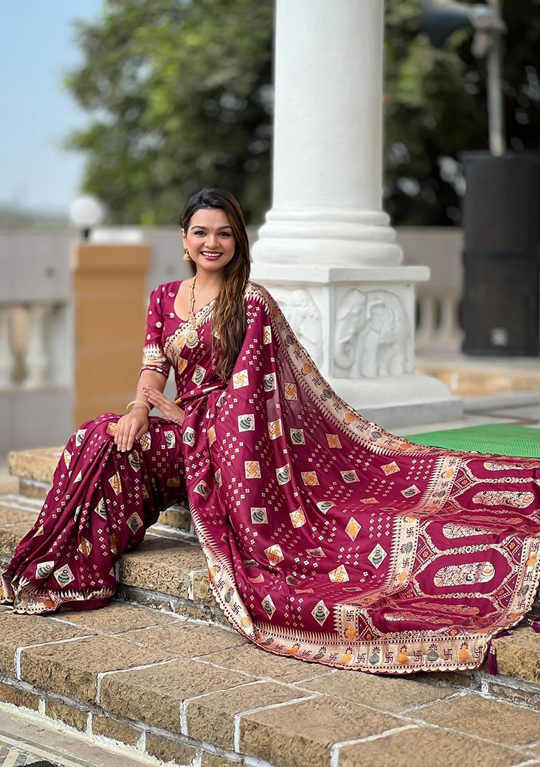 Maroon Woven Silk Blend Saree Set - Indya