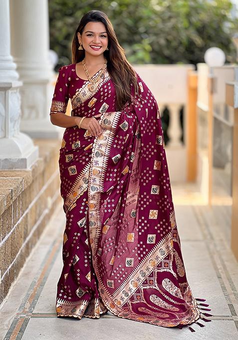 Maroon Woven Silk Blend Saree Set
