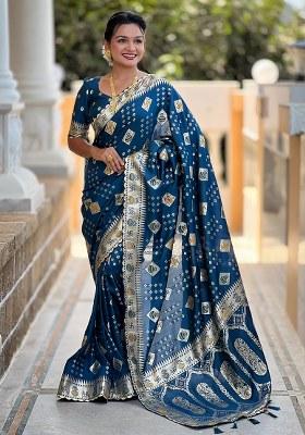 Teal Blue Woven Silk Blend Saree Set