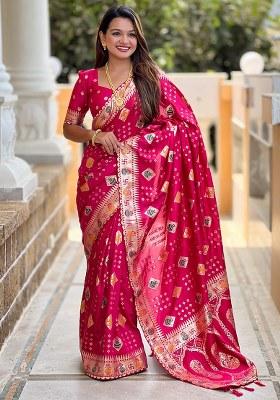 Pink Woven Silk Blend Saree Set