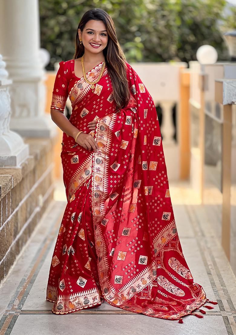 Red Woven Silk Blend Saree Set