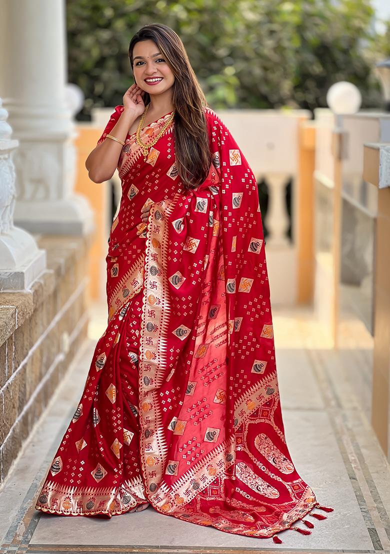 Red Woven Silk Blend Saree Set