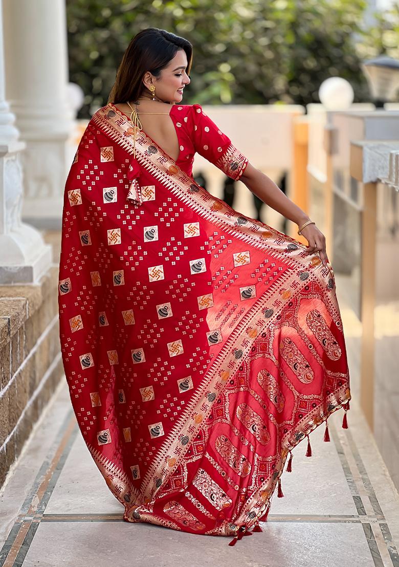 Red Woven Silk Blend Saree Set