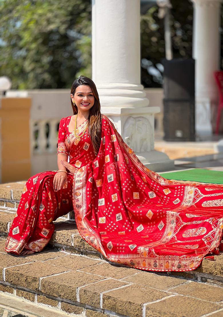 Red Woven Silk Blend Saree Set