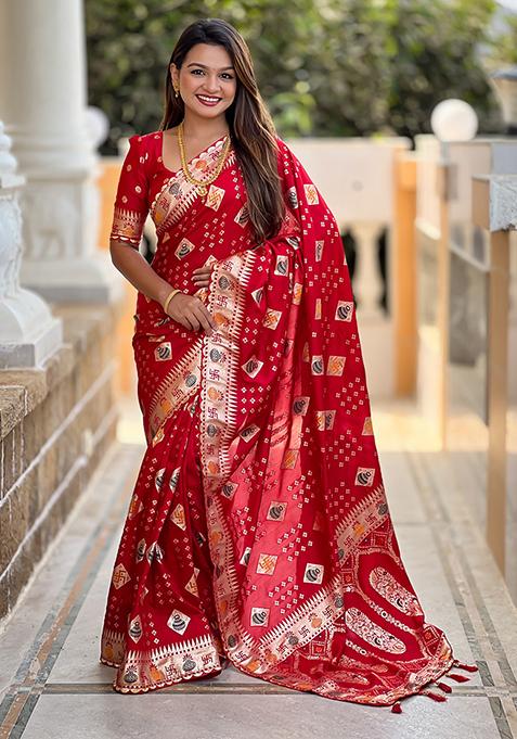 Red Woven Silk Blend Saree Set