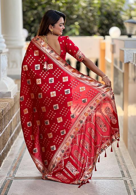 Red Woven Silk Blend Saree Set