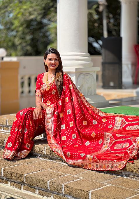 Red Woven Silk Blend Saree Set