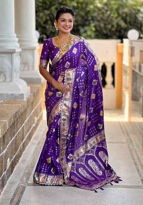 Voilet Woven Silk Blend Saree Set