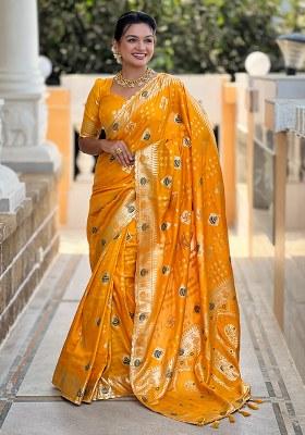 Yellow Woven Silk Blend Saree Set