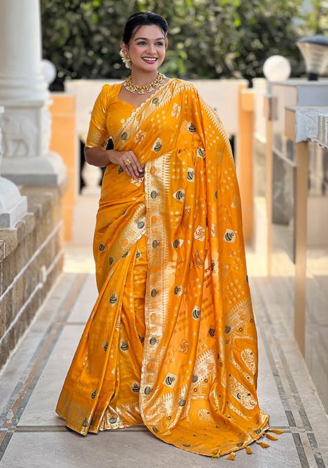 Yellow Woven Silk Blend Saree Set