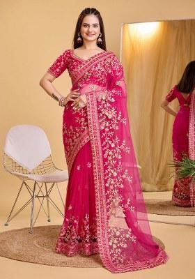 Dark Pink Embroidered Net Saree Set