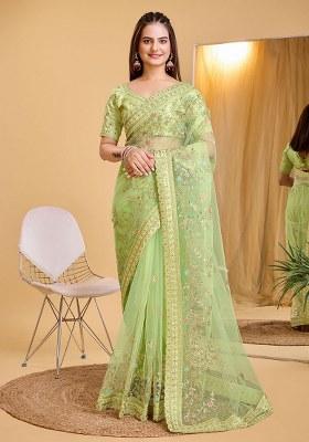 Green Embroidered Net Saree Set