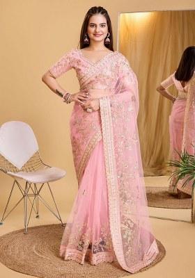 Peach Embroidered Net Saree Set