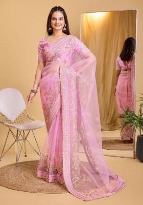 Pink Embroidered Net Saree Set