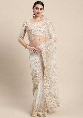 Off White Embroidered Net Saree Set