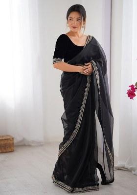 Black Printed Net Saree Set