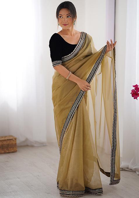 Beige Printed Net Saree Set