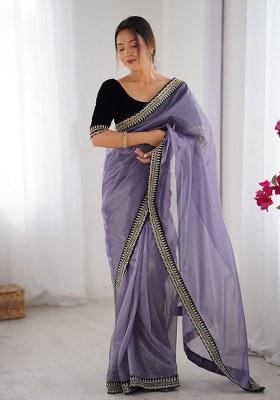 Lavender Printed Net Saree Set
